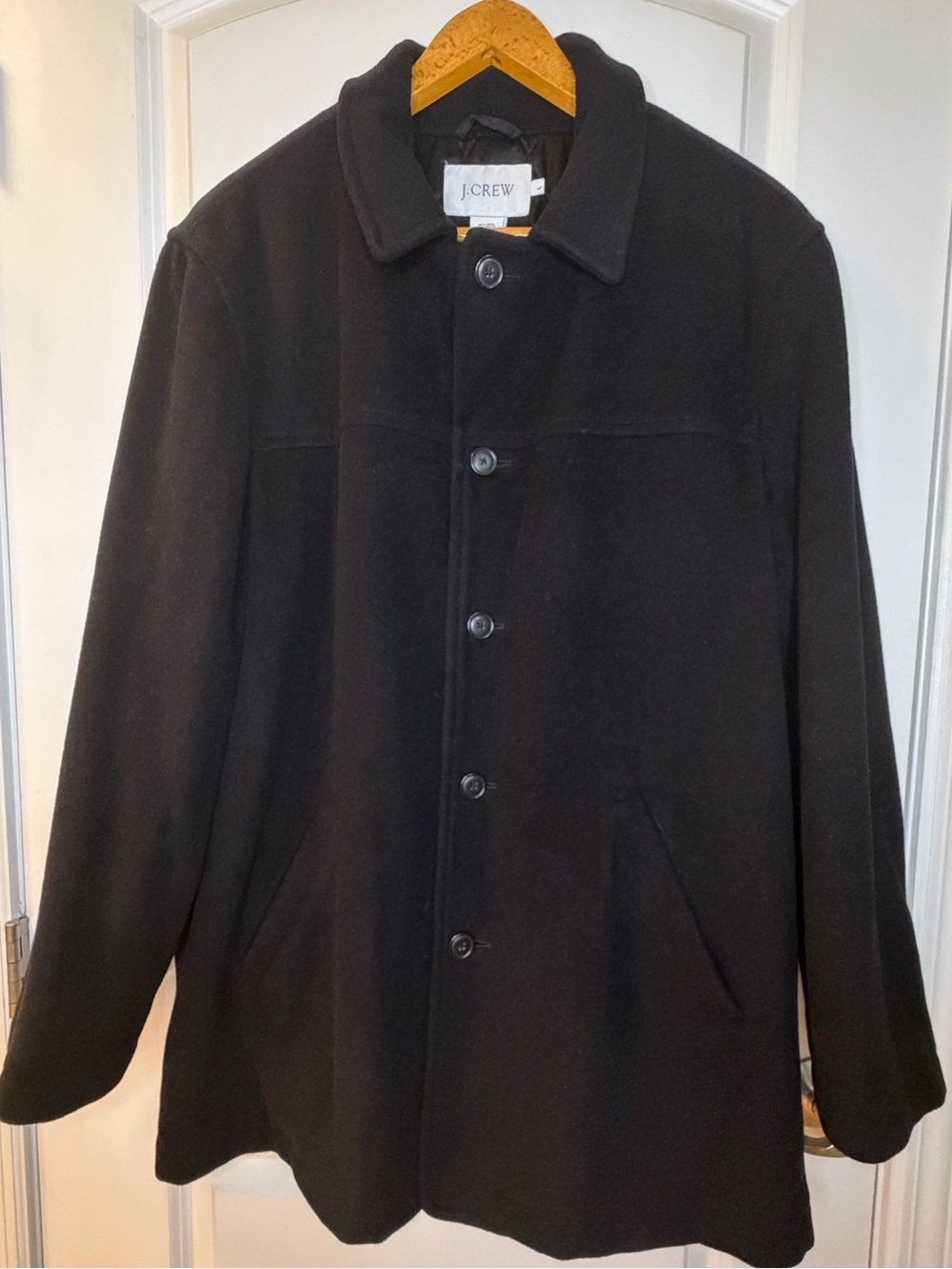 Vintage J. Crew Men's Black Wool Blend Button-Front Coat, size L